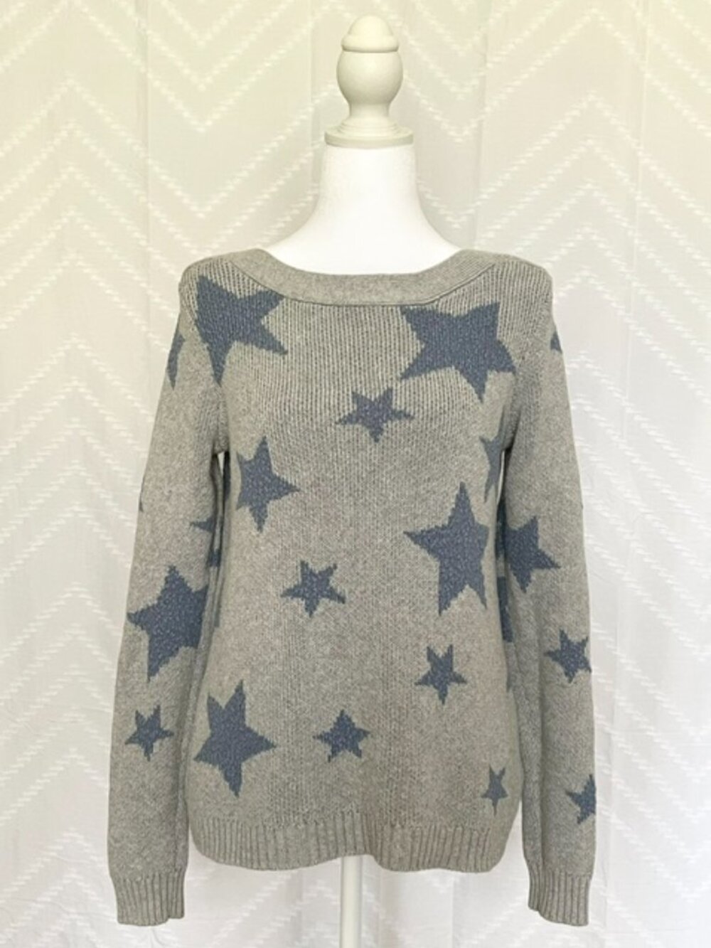 Marled Reunited Clothing Gray Blue Star Knit Sweater Boat Neck Cotton Small